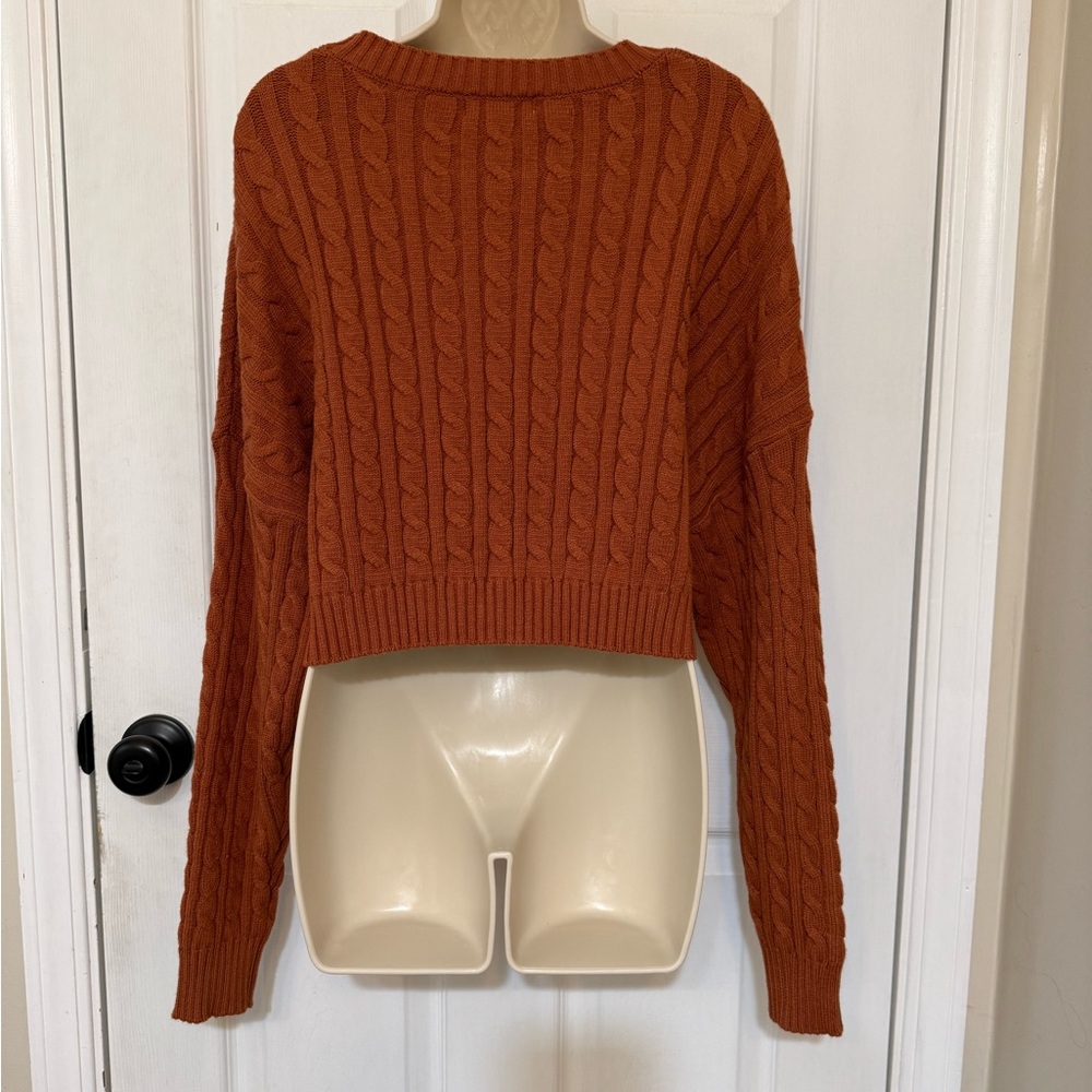 Altar’d State Rust Cable Knit Cropped Sweater Balloon Sleeve Cozy Boho Large - Picture 4 of 10